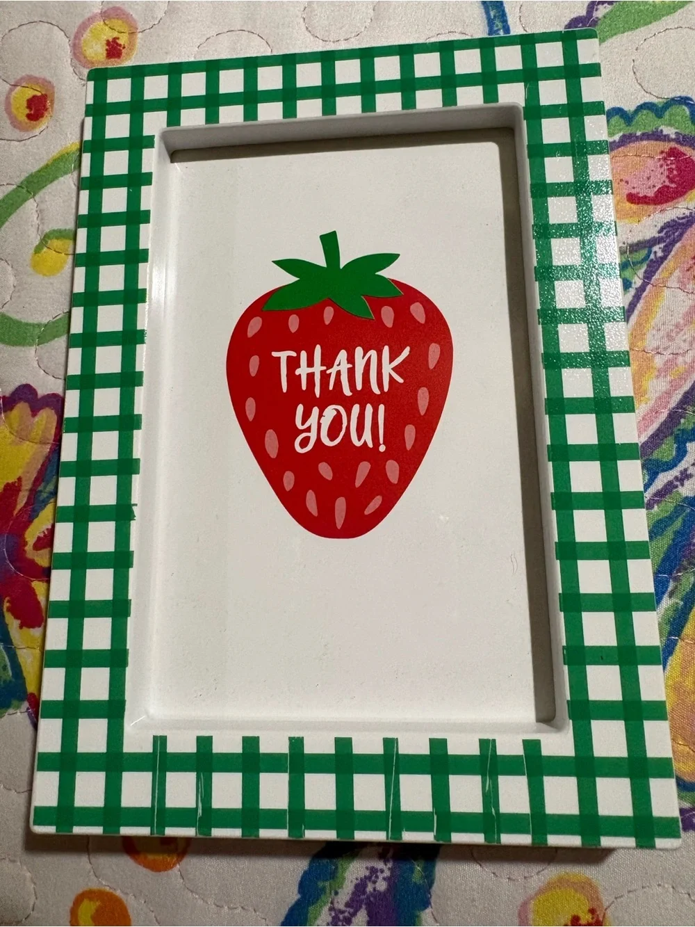 Green Checkered Tray with Red Strawberry 'Thank You' Design